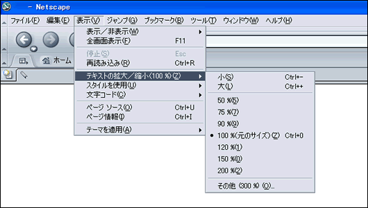 パソコンのブラウザ「ネットスケープ」の「テキストの拡大/縮小(100%)」の位置を表したキャプチャ